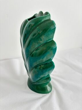 Mid Century Art Deco green glazed ceramic vase 2 sided with gazelle leaf design